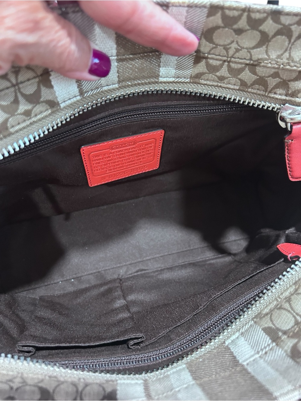 Coach Beige Signature Stripe East West Satchel - Picture 9 of 10